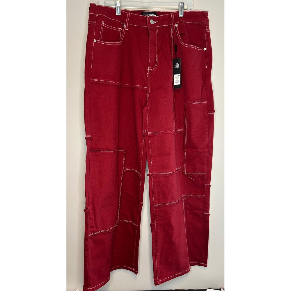 NEW Fashion Nova Red Patchwork Wide Leg Jeans Juniors‎ 15 High Rise Funky Punk